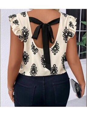 SHEIN Curve Cottagecore Coquette Backless Bow Print Top Blouse Off White 2XL